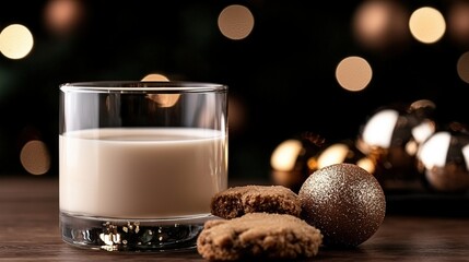 Wall Mural -   A glass of milk and a cookie on a table, with Christmas lights in the background