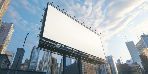 Blank billboard in a city with skyscrapers.