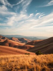 Poster - A vast desert landscape with rolling hills and a blue sky with fluffy clouds.