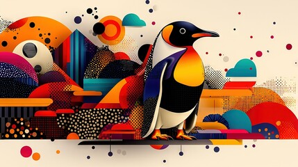 Wall Mural -   A Penguin stands before a vibrant backdrop with circular and dot patterns below