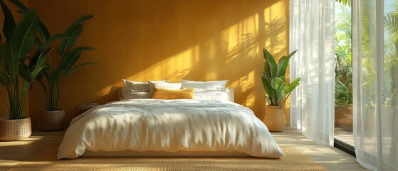 Wall Mural - A Minimalist Bedroom with a Yellow Wall and White Curtains