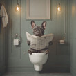 © carolina - funny french bulldog reading the newspaper on stylish bathroom. poster/design/banner