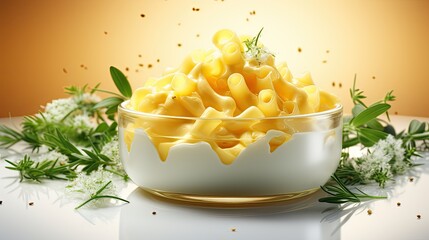 Poster - Front view fragrant mac and cheese with white background and spotlight for advertise and presentation. 