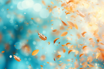 Wall Mural - autumn background with blurred autumn leaves and sun rays on a blue sky