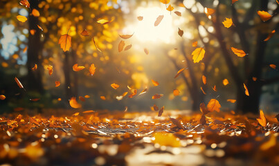 Wall Mural - autumn leaves falling on the ground in a park with a blurred background of sunlight filtering throug