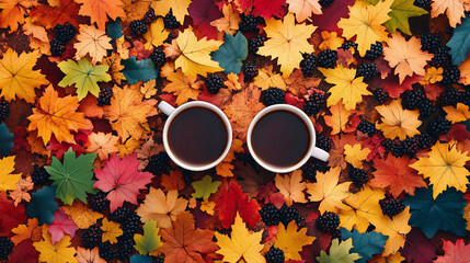 Overhead autumn photograph with in the center two cups of coffee.