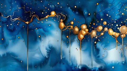 Abstract Watercolor with Golden Drips and Bubbles, Blue, Gold, Art , abstract art, watercolor, gold leaf