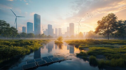 Wall Mural - futuristic ai-controlled renewable energy grids distributing solar and wind power: a clean-energy ci