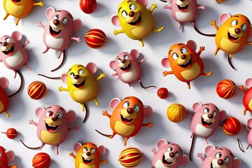 Wall Mural - Vibrant 3D Cartoon Mice Array on Clean White Background