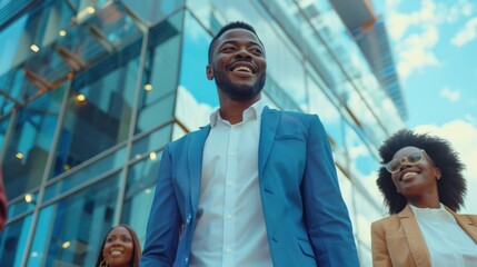 Happy confident african american business people walking out of modern office center after successful meeting. Low - Angle Shot with copy space