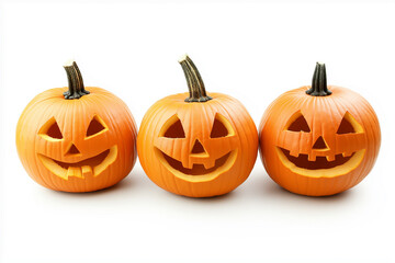 3 pumpkins with carved faces isolated on a white background, studio shot, halloween concept