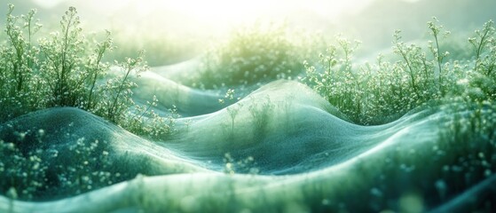 Poster - Delicate White Flowers and Green Foliage Covered in a Soft, Misty Web