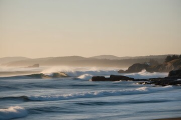 Wall Mural - Tranquil Coastal Landscape with White-Capped Ocean Waves and Clear Sky