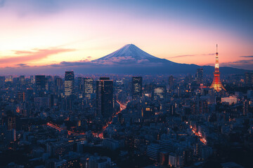 A breathtaking aerial view of Tokyo at dusk, showcasing the city's vibrant lights and skyscrapers against the backdrop of Mount Fuji