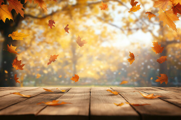 Wall Mural - wooden table with an autumn background and blurred golden-yellow bokeh light, with falling leaves in