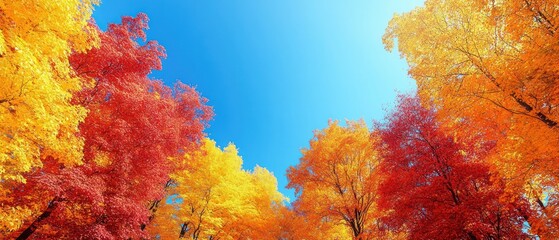 Wall Mural - Vibrant Autumn Foliage Canopy Against a Clear Blue Sky