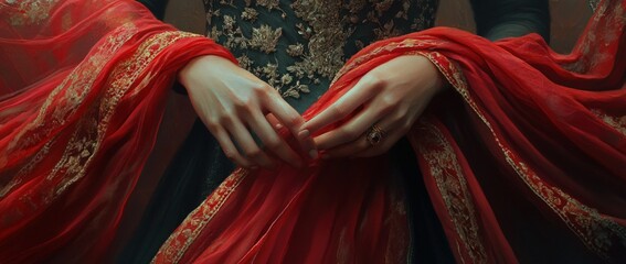 Close-up of a woman's hands holding a red and gold patterned scarf.