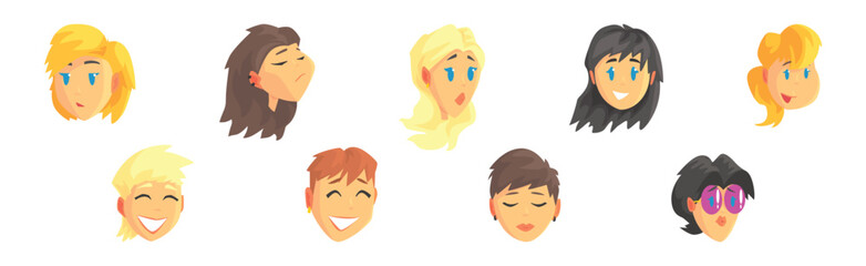 Canvas Print - People Character Avatar and Head with Different Face and Hairstyle Vector Set