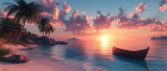 A lone boat resting in calm waters during sunset with palm trees and pink clouds