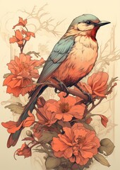 Wall Mural - Bird flower painting plant.