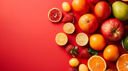 A variety of fresh fruits on a red background.