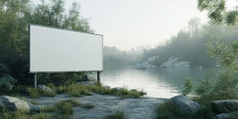 Poster - Blank billboard by lake in a misty forest.