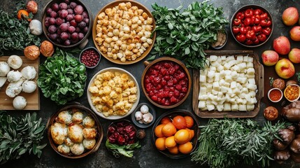 Wall Mural - A beautifully arranged assortment of various colorful fruits, vegetables, and herbs displayed on a rustic dark surface, showcasing the abundance of nature's produce