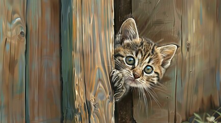 Cute kitten is peeking out from behind the wooden door, its eyes sparkling with curiosity and playfulness. This is a full-body portrait, oil painting art. Smartphone or windows background wallpaper