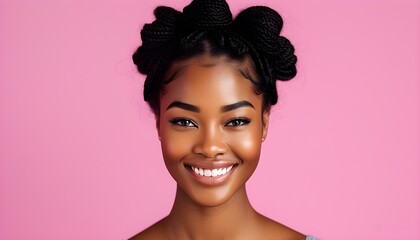 Joyful portrait of an African American woman with braided hair, showcasing her radiant smile and natural beauty against a soft pink backdrop