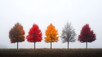 Sticker - Five Trees in a Row with Autumn Colors and Foggy Sky