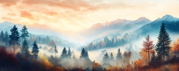 Poster - Misty Mountain Forest at Sunrise