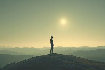 Person enjoying a deep breath of fresh air on a hilltop with a panoramic view of a clear horizon