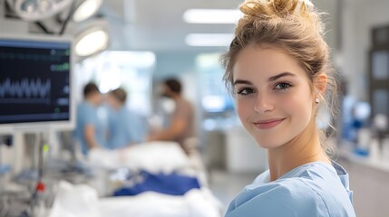 A confident healthcare professional smiles in a modern hospital setting, showcasing dedication and compassion in patient care.