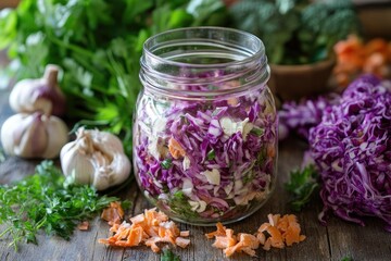 Mason jar filled with fermenting red cabbage and vegetables on rustic tabletop