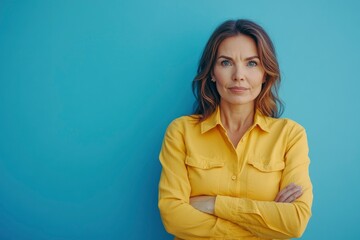 Beautiful, attractive, middle aged woman wearing casual yellow shirt with arms crossed standing isolated on blue background. with generative ai