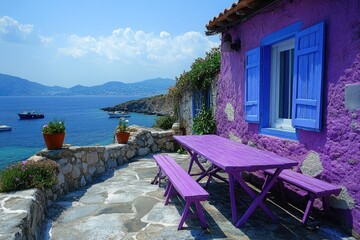 Picturesque house overlooking the aegean sea with island in background