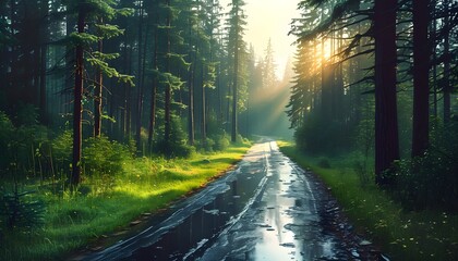 Wall Mural - Emerald Trail through Lush Forest After Rain with Sunlight Breaking Through the Canopy