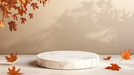 Wall Mural - Autumn Leaves and Marble Podium Minimalist Product Display Background