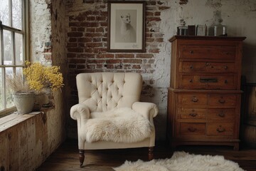 Cozy interior featuring a vintage chair, artwork, and wooden furniture.