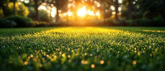 Sticker - Dewy Grass in Golden Sunlight with Blurred Tree Background