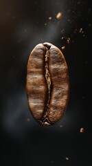 Close-up of a single coffee bean on a dark background, macro shot. Caffeine and brewing concept