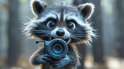 A cartoon raccoon records fun moments in a lush forest. A raccoon joyfully captures adventures in nature.