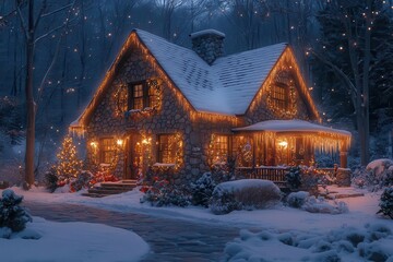 enchanted winter cottage aglow with warm lights snowladen roof and icicles festive decorations and cozy atmosphere against starry night sky