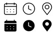 © Maxim Filitov - Address time date icons set. Address location icon. Stopwatch timer icon. Date Calendar icon. Black line and flat web icons.