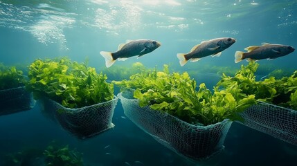 Futuristic AI-controlled underwater farms producing sustainable seafood: Autonomous underwater aquaculture systems managed by AI to monitor fish health and optimize growth.