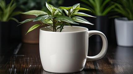 Sticker - Front view of white desk with coffee mug and house plant. workspace 