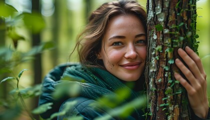 Wall Mural - Joyful connection with nature as a woman embraces a tree in a serene forest, surrounded by green leaves and the beauty of colder weather.