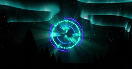 Poster - Animation of spinning circles and glowing light trails moving over black background