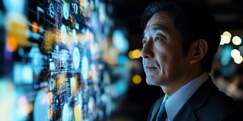 A businessman gazing at a digital screen.