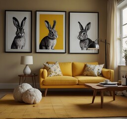 Yellow living room with a couch, two framed pictures of rabbits wearing sunglasses and a floor lamp.